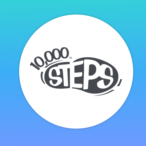 Turquoise to light blue gradient background with a white circle in the center with a footprint and text that says 10,000 Steps in black.